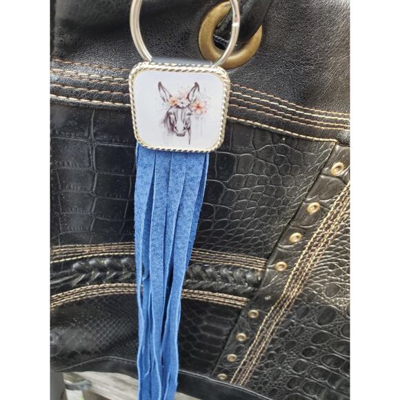 Handmade mule lover boho Leather Fringe Western bag charm, Long fringe keychain - Picture 4 of 5